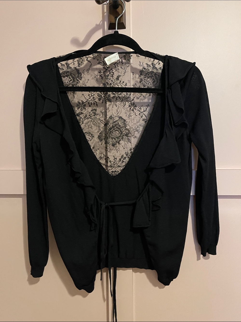 Valentino Black Ruffle V-Neck Lace-Back wrap